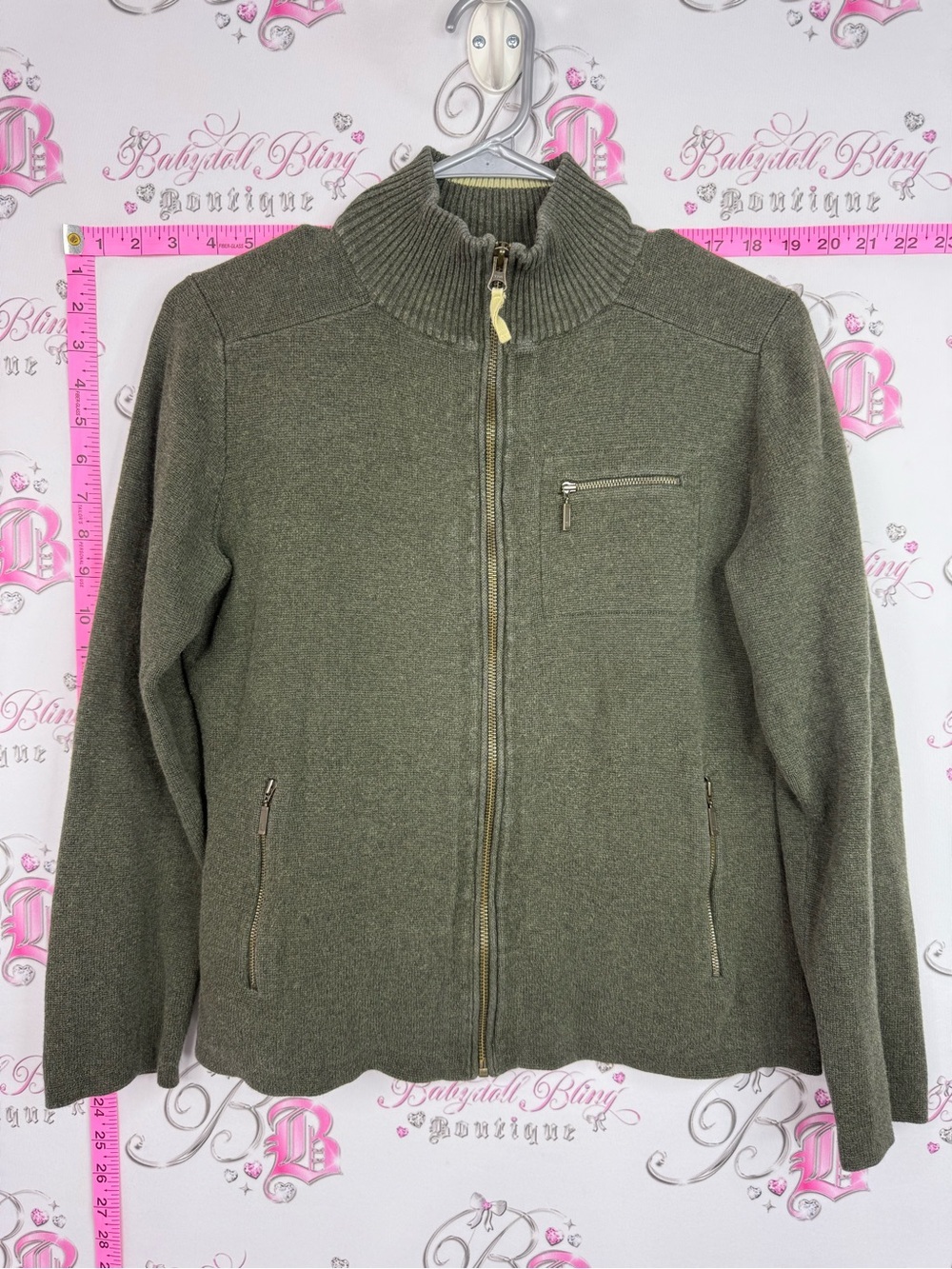 Eddie Bauer sweater zip up Olive Green Zip Front Knit Jacket